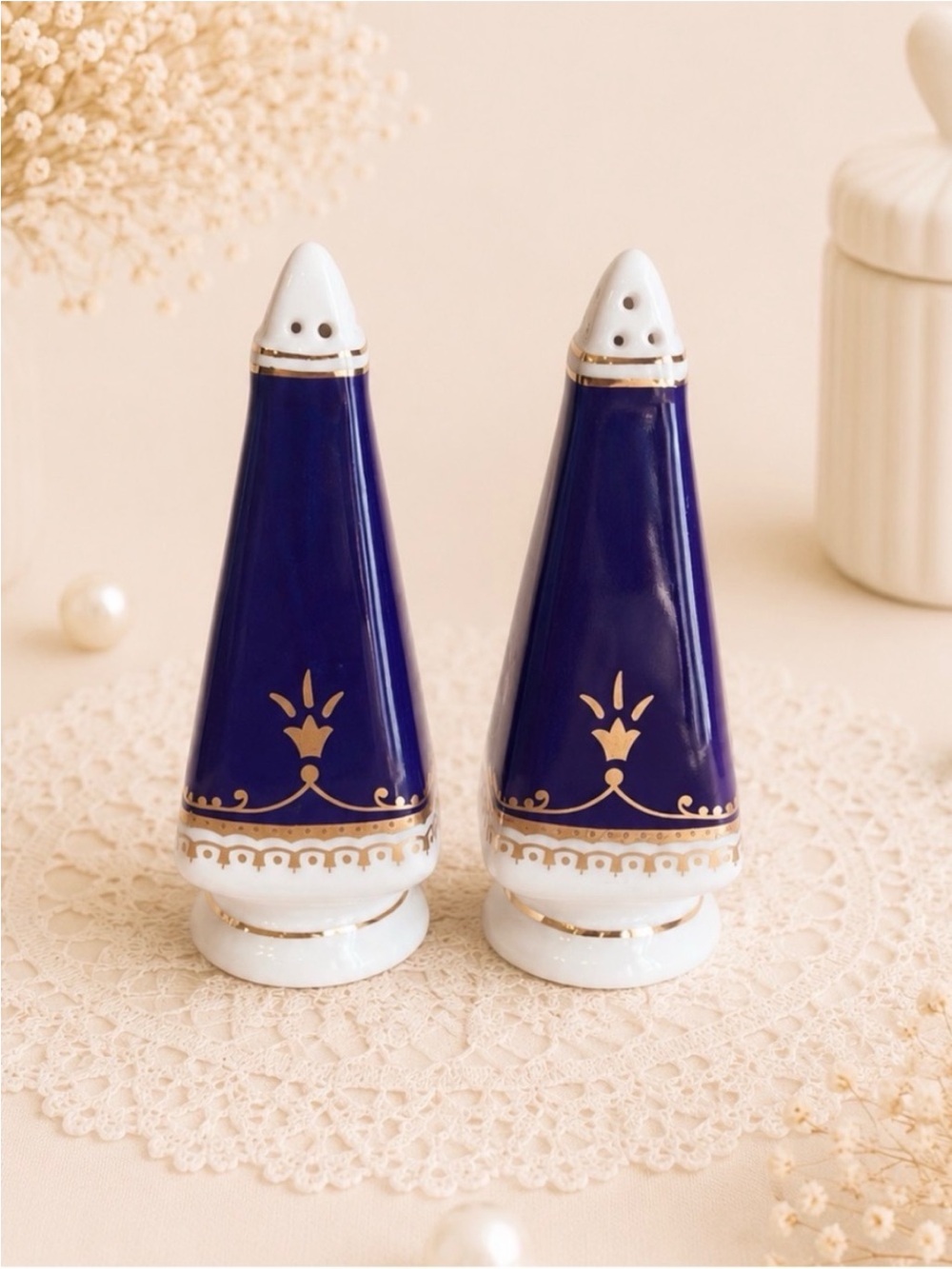 Blue and Gold Ceramic Salt & Pepper Shakers-Vintage